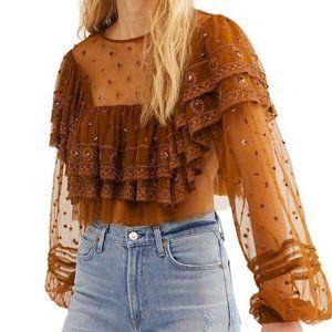 Free People Disco Ball Embellished Embroidered Sequins Cape Flounce Mesh Top SM